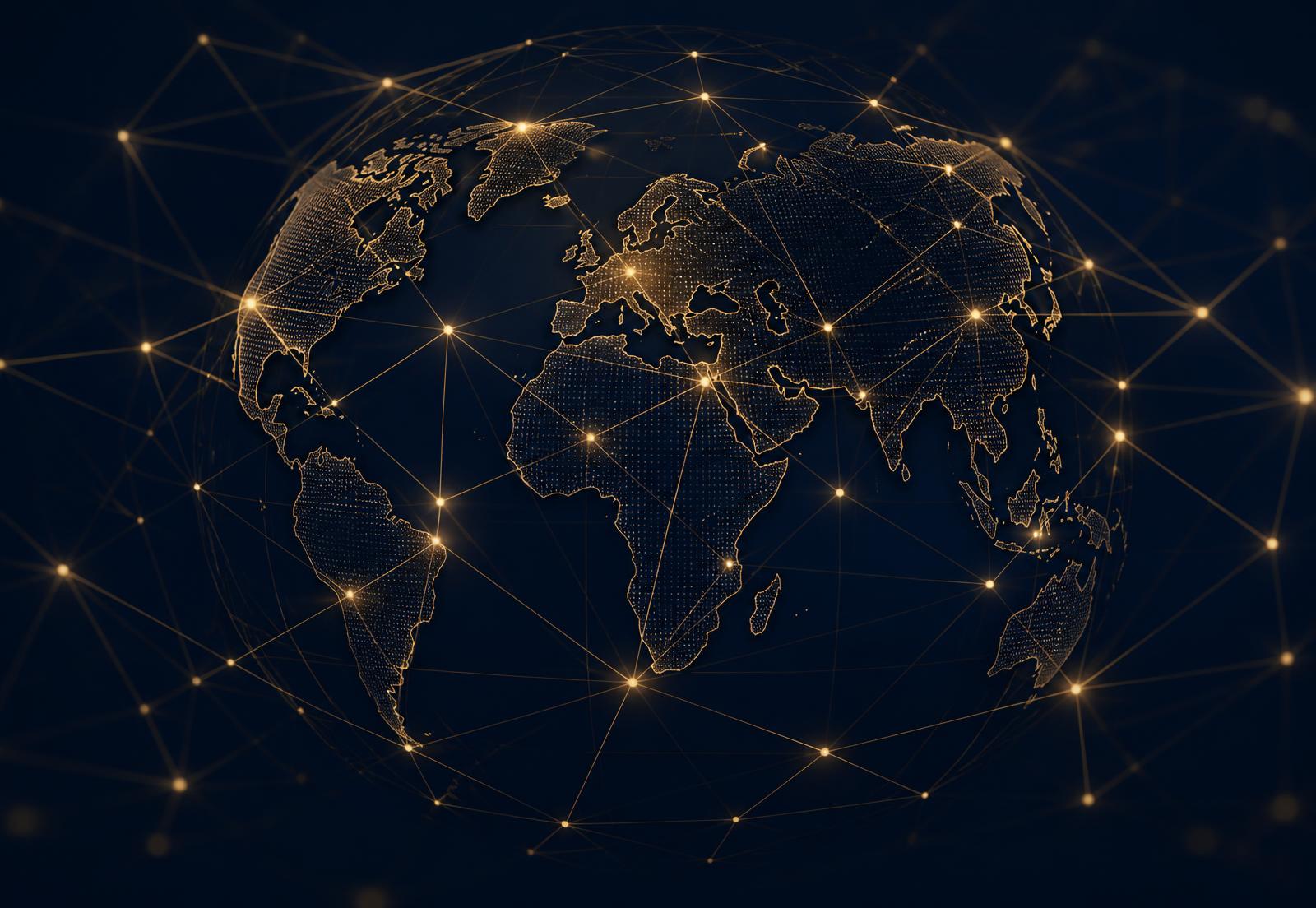Gold network mesh connecting global settlement corridors
